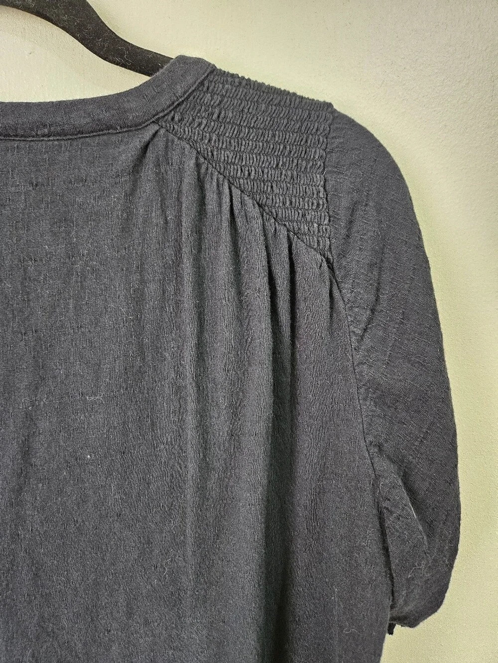Free People Fever Dream Tee in Black V-Neck with Short, Ruched, Sleeves, Boho XS